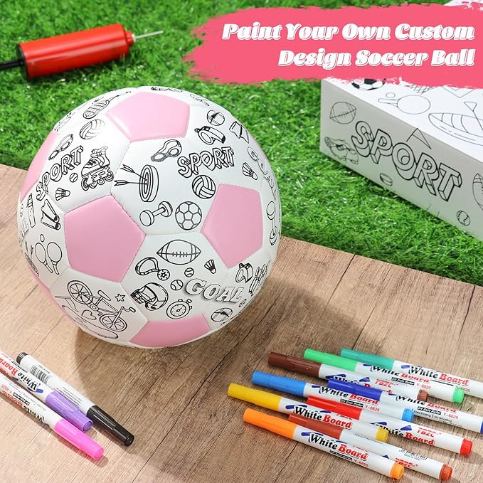 Size 4 Color Your Own Soccer Ball Pink DIY Custom Craft Kit with Pump 12 Markers Personalized Youth Toddler Training Paint Your Own Toy Creative Gift for Kids (Pink Soccer Ball, 4)