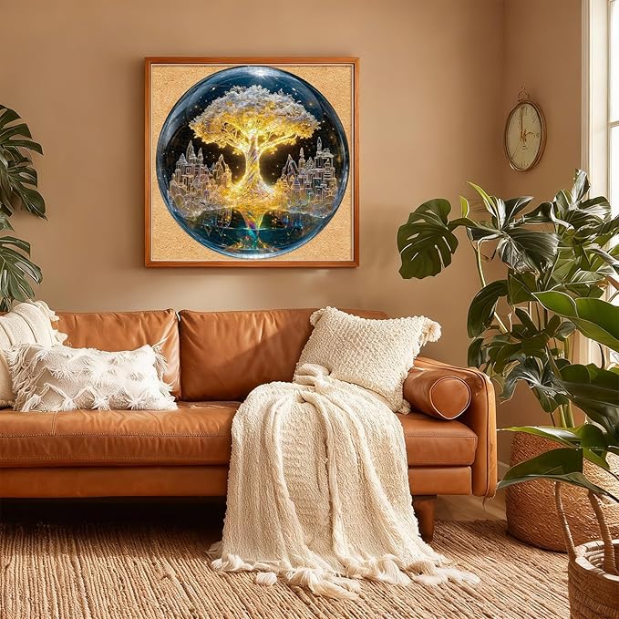 Round Jigsaw Puzzle 1000 Pieces - Tree of Life in Crystal Ball - 26.6" Fantasy Galaxy Design, Neon-Style Aesthetic Art, Mindful Activity Gift for Adults & Teens