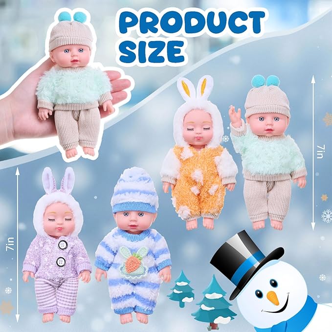 Halloscume 7 Inch Mini Baby Mini Reborn Doll Vinyl Full Body Lifelike Dolls Baby with Weighted Cloth Reborn Gift Set for Kids, Gifts for Christmas Kids(4 Pcs,Winter)