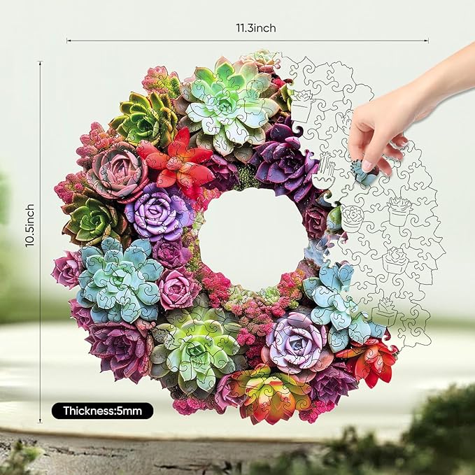 Delobil Succulent Garland Wooden Puzzles for Adults, 200 Pieces Mandala Jigsaw Puzzles, Unique Shaped Medium Size Wood Puzzle Gift for Kids, Family Game 11.3'' x 10.5''