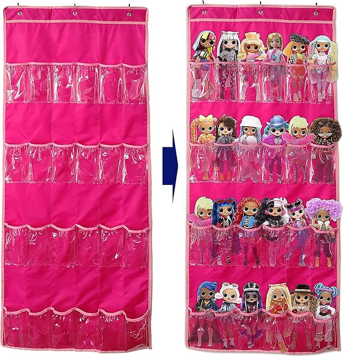 Hanging Over Door Toy Storage Organizer (24 Pockets), Compatible with Lol Omg Dolls Barbie Dolls Surprise Doll (Toys Not Included), Deeppink (57.5''x22'')