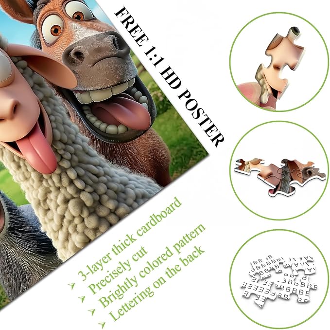 PICKFORU Laughing Ranch Jigsaw Puzzles 1000 Pieces, Funny Farm Animal Puzzles for Adults, Donkey Horse Sheep Puzzle as Home Decor