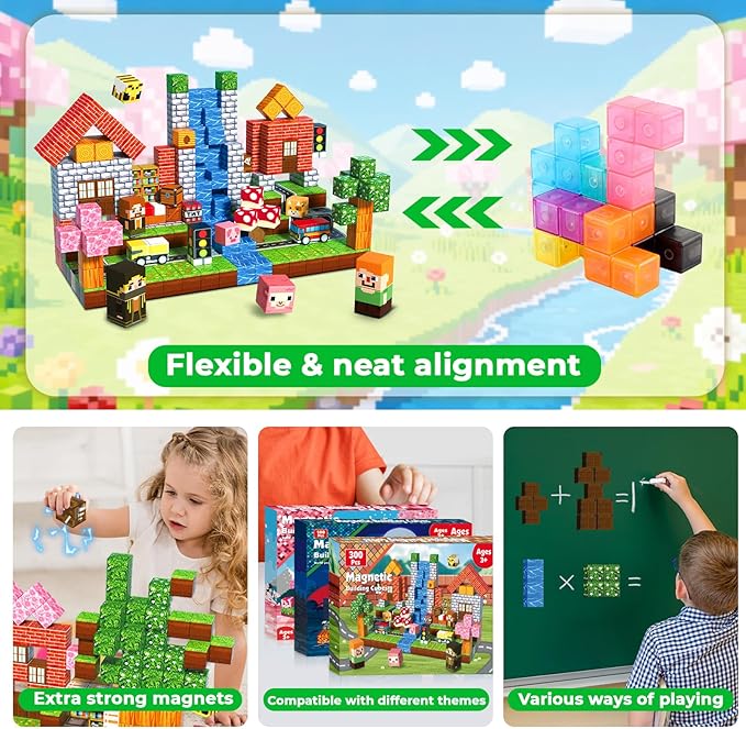300 PCS Magnetic Blocks - Magnetic Building Block, Stacking Magnet Building Cubes for Kids, Magnetic Construction Toy for Boy Girl, STEM Montessori Sensory Toy Ages 3-12 Years Old Easter Birthday Gift