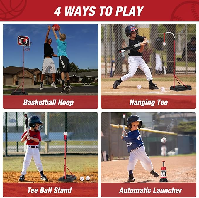 4 in 1 Kids Basketball Hoop and Tball Set for Toddlers 3-5, Adjustable Hanging Tee Ball Stand with Automatic Baseball Pitching Machine, Indoor Outdoor Sport Toys Birthday for Boys