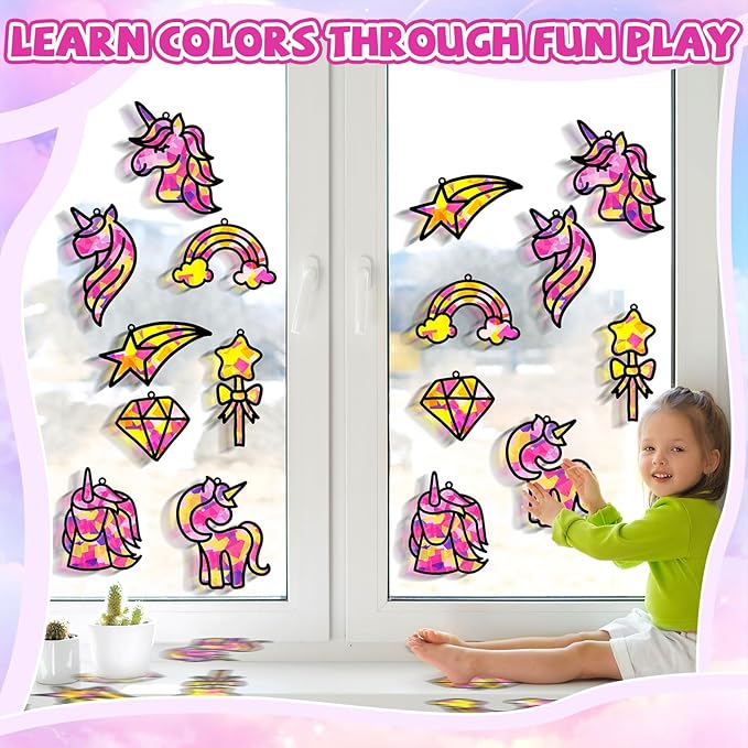 32 Sets Unicorn Rainbow Suncatchers Craft Kit DIY Window Stained Glass Effect Diamond Star bow Paper Crafts Home School Classroom Decoration Kid Birthday Gift Creative Art Project Activity Game