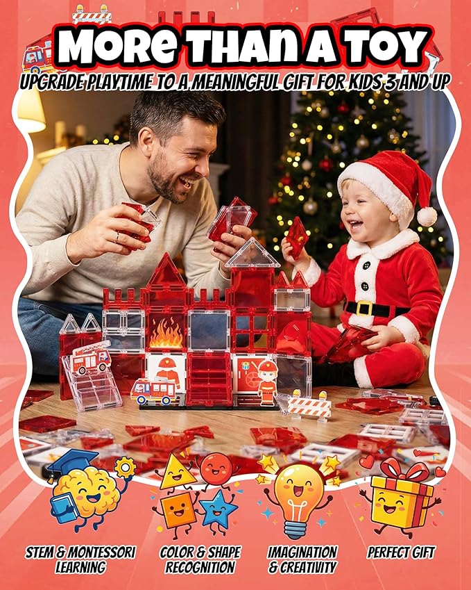 Magnetic Tiles for Kids Ages 3+, Fire Rescue Magnetic Tiles Building Blocks with Rescue Scene Pieces, Firefighter Elements & Accessories, STEM Toys for Toddlers, Ideal Gift for Boys and Girls