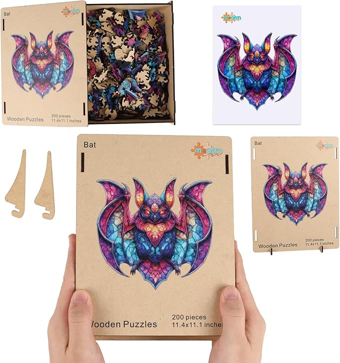 MEATRN Wooden Puzzles for Adults - Stained Glass Bat Wood Puzzles Adult, Unique Irregular Shape Animal Puzzle, Relaxing Family Game, Festival Decorative Gift for Kids, 198 Pcs, 11.4x11.1 in