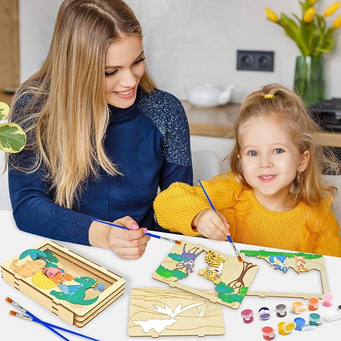 Vileafy 3D Wooden Painting Craft Kits for Kids 4-8 – DIY Arts & Crafts with Dinosaur, Ocean & Jungle Animals – Includes Individual Paints & Brushes for Party Favors and Easter Gifts(3)