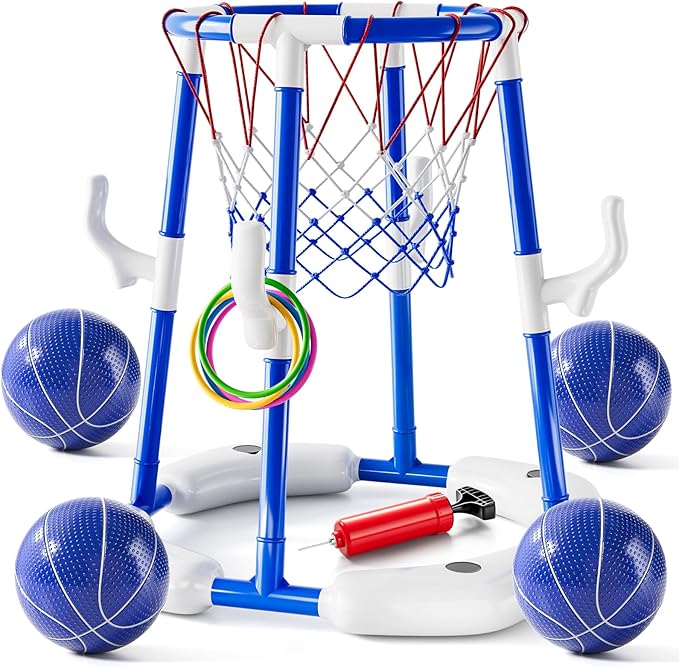 2-in-1 Pool Basketball Hoop & Ring Games with 4 Balls 12 Rings and Pump, Summer Water Outdoor Party Swimming Pool Toys Games for Kids Ages 4-8 8-12 Adult, Family Party Easter Birthday Games Toys