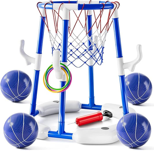 2-in-1 Pool Basketball Hoop & Ring Games with 4 Balls 12 Rings and Pump, Summer Water Outdoor Party Swimming Pool Toys Games for Kids Ages 4-8 8-12 Adult, Family Party Easter Birthday Games Toys