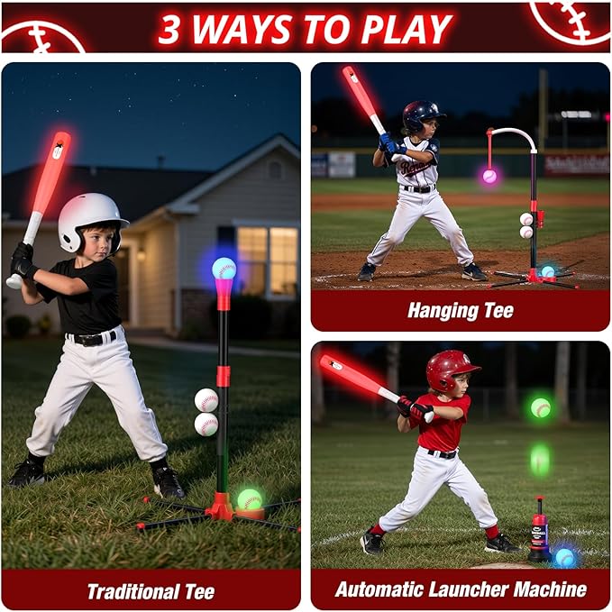 3-in-1 LED T Ball Set for Kids, Adjustable Height, Hanging Tee Ball Set with Baseball Launcher/4 Softballs/Light Up Bat, TBall Stand Sport Toys, Baseball Gifts for Boys Girls Age 3-5