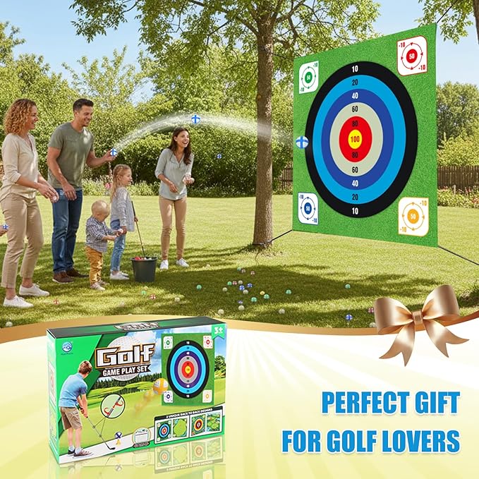 ASTRAEA Golf Chipping Game, Golf Battle Game with Hitting Mat for Kids Adults Indoor and Outdoor, 60" x 60" Double Sided Practice Mat with 2 Clubs & 20 Sticky Balls for Backyard