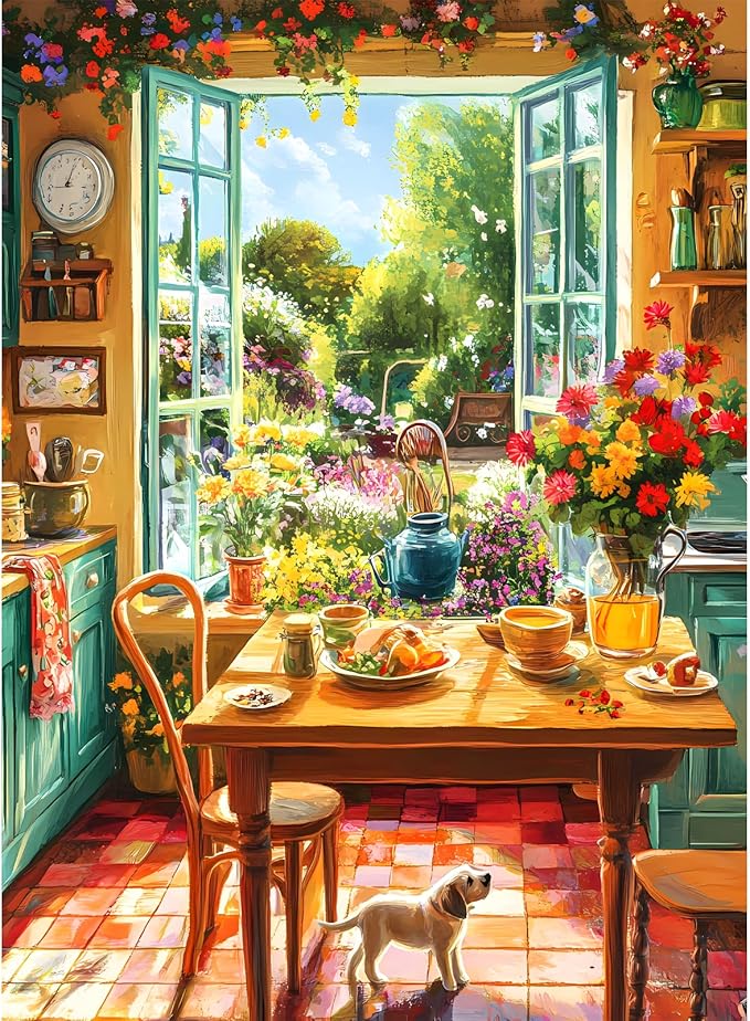 500 Piece Puzzle for Adults, Cozy Kitchen and Garden View Jigsaw Puzzle, Colorful Puzzles with Flowers, Sunshine and Dog, Relaxing Gifts for Adults, Seniors, Finished Size 20.5”x 15”