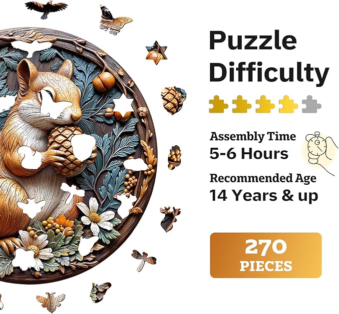 Jigfoxy Wooden Puzzles for Adults, Squirrel Wood Puzzles Adult, Unique Animal-Shaped Wooden Jigsaw Puzzles for Adults, Christmas Thanksgiving Gifts for Family and Friends (L-13.4 * 13.4in-270pcs)