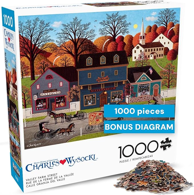 Buffalo Games – Charles Wysocki Valley Farm Street 1000 Piece Jigsaw Puzzle for Adults, Classic Americana Artwork with Full-Color Poster