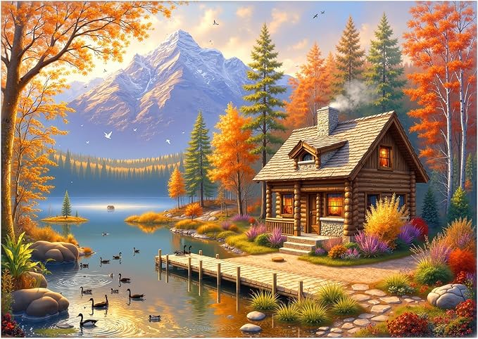 1000 Piece Fall Puzzles for Adults, Autumn Lake Landscape with Cozy Cabin Puzzle, Mountain, Forest & Ducks, Colorful Trees Jigsaw Puzzles, 28x20 Inch