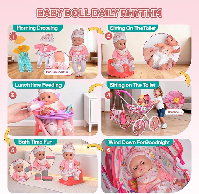 Baby Doll Stroller Set Toys with 12.5'' Baby Dolly, Baby Doll Accessories with Dining Chair&2 Set Clothes&Diaper Changing, Doll Playset for Kids, Pretend Play Girls Toys Gifts for Girls 3 4 5 Year Old
