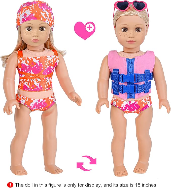 ebuddy 18 inch Doll Clothes and Accessories - Swimsuit and BeachSet Summer Pool & Beach Outfit with Life Vest, Unicorn Float, Towel and More for 18" Dolls (No Doll)