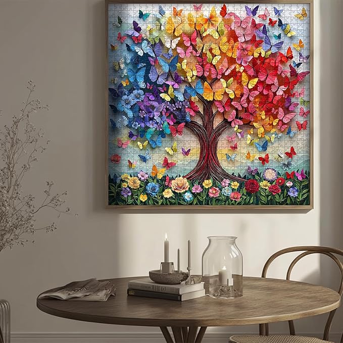 PICKFORU Colorful Butterfly Puzzles for Adults 1000 Pieces, Tree of Life Jigsaw Puzzle Rainbow Floral, Unique Spring Flower Art Theme as Home Decor