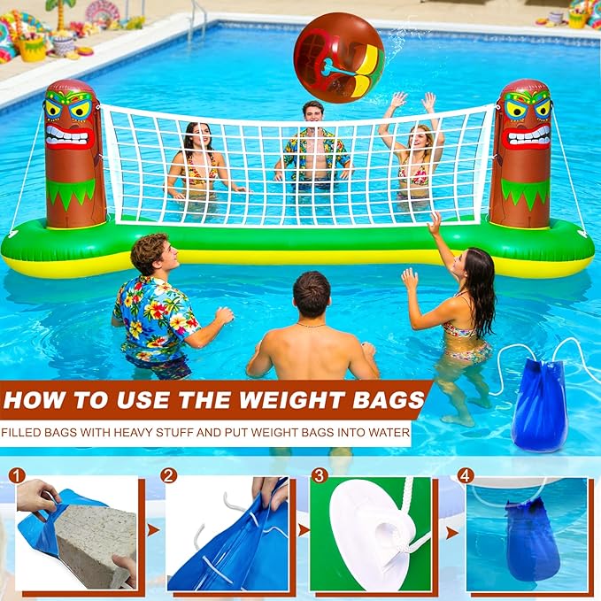 Large Inflatable Luau Tiki Pool Games Volleyball Net Pool Float Set with 9" Beach Ball, Floating Swimming Water Sports Game Toy for Adults, Summer Luau Tropical Hawaiian Party Supplies