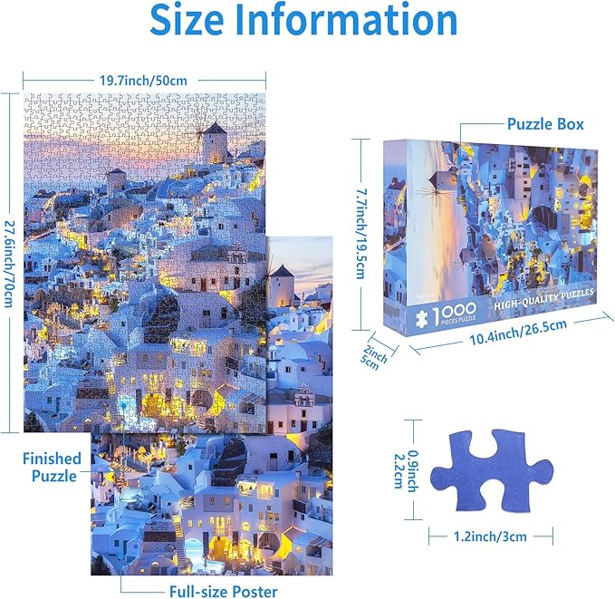 1000 Piece Puzzle for Adults Santorini Landscape Puzzles for Adults 1000 Pieces Skyline Sunset Jigsaw Puzzles 1000 Pieces Greece Buildings Puzzle Scenery Puzzles for Adults Teens Seniors