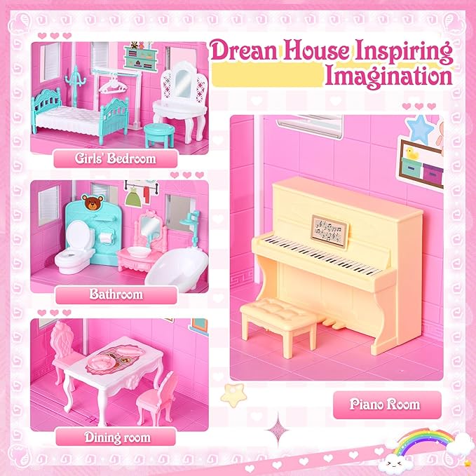 Toylink Pink Doll House for Girls, 3-Story Villa Playset with Light, 3 Dolls, Pool & Slide, Dollhouse Furniture and Accessories, Pretend Play Toddler Toys Birthday Gifts for Kids 3 4 5 6 7 8