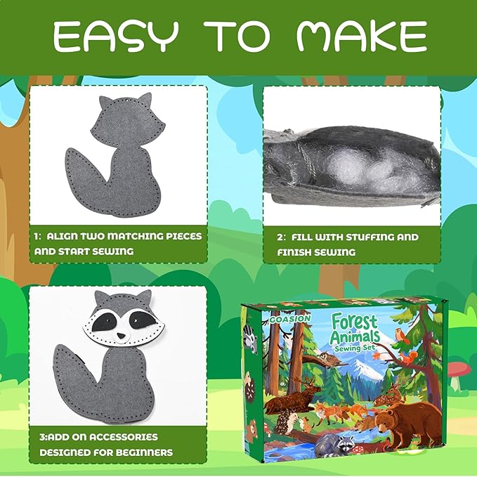 GOASION Sewing Kit for Kids, Woodland Animals Kids Sewing Kit, Pre Punched Design for DIY Hanging Decorations, Sewing Tit for Beginners Age 8-12, Boys & Girls Birthday Gift