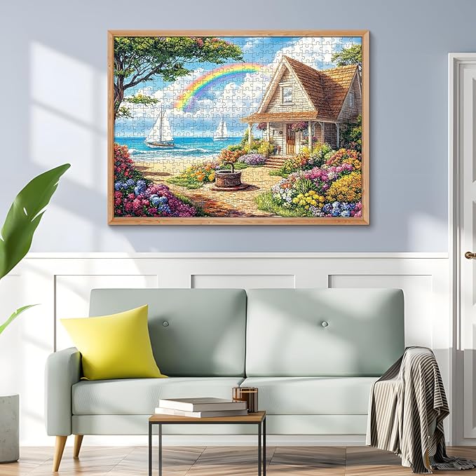 500 Piece Puzzles for Adults, Cozy Beach Cottage 500 Piece Puzzle, Vibrant Rainbow Sky Jigsaw Puzzle, Perfect for Family Game Night, Home Wall Decor, Ideal Gift for Adults, Kids, Seniors, 20.5 x 15 in