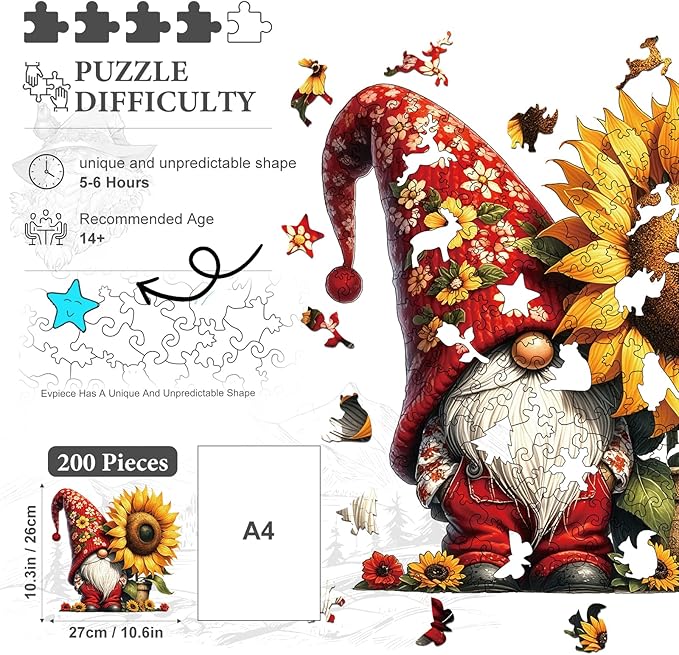 Wooden Puzzles for Adults, Sunflower Gnome 200 Pieces Wooden Jigsaw Puzzles with Unique Shape, 10.3x10.6 Inch Wooden Puzzles Kits for Great Gift Family Game