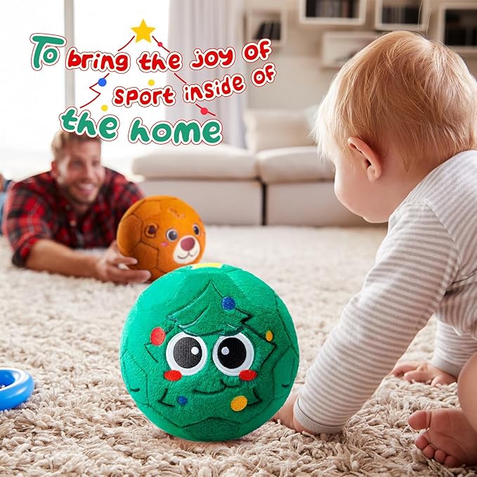 Silent Indoor Soccer Balls for Toddlers 1-3, Inflatable Soft Plush Baby Toddler Soccer Ball Toys Gifts for 1 2 3 4 5 Year Old Boy Girl First Birthday Gift (Christmas Tree, Pump Include)