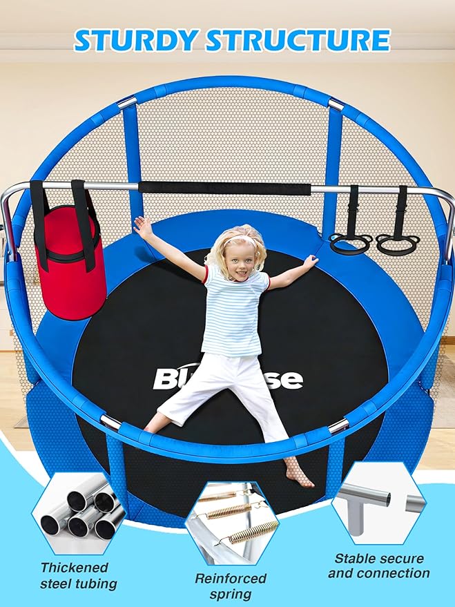 BLUERISE 55IN 6FT Toddler Trampoline for Kids Indoor Outdoor Play for Kids Trampoline Basketball Hoop Attachment with Enclosure Net Easy to Assemble