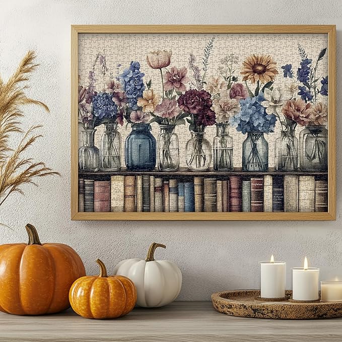 Retro Wildflowers Puzzles for Adults 1000 Pieces, PICKFORU Christian Jesus Floral Book Pages Religious Jigsaw Puzzle, Impossible Challenging Vintage Bookshelf Puzzles as Art Decor