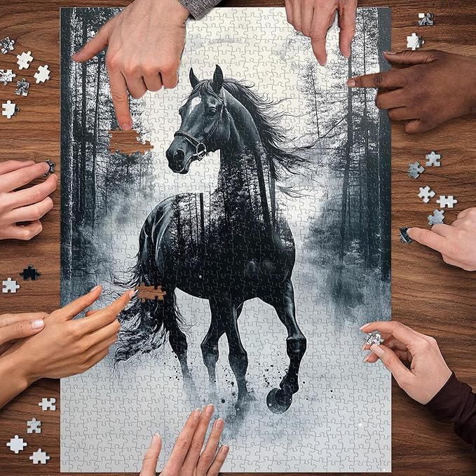 PICKFORU Vintage Horse Puzzles for Adults 1000 Pieces, Retro Watercolor Nature Animal Jigsaw Puzzles, Impossible Ink Painting Tree Adult Puzzle