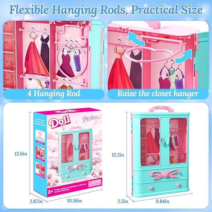 Style Shine 70 Pcs Closet Playset with Clothes & Accessories,2 Wedding Gowns 2 Casual Outfits 6 Fashion Dresses 2 Swimsuit 10 Shoes 27 Accessories 20 Hangers,Toys for Girls Kids Gifts