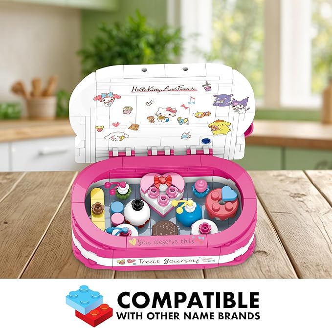 Brickcraft Hello Kitty Dessert Box Building Kit (184-Piece Set), Sanrio Buildable Sweets Set with Chocolate Bow Lid, Decorative Stickers, Gift for Fans Ages 12+