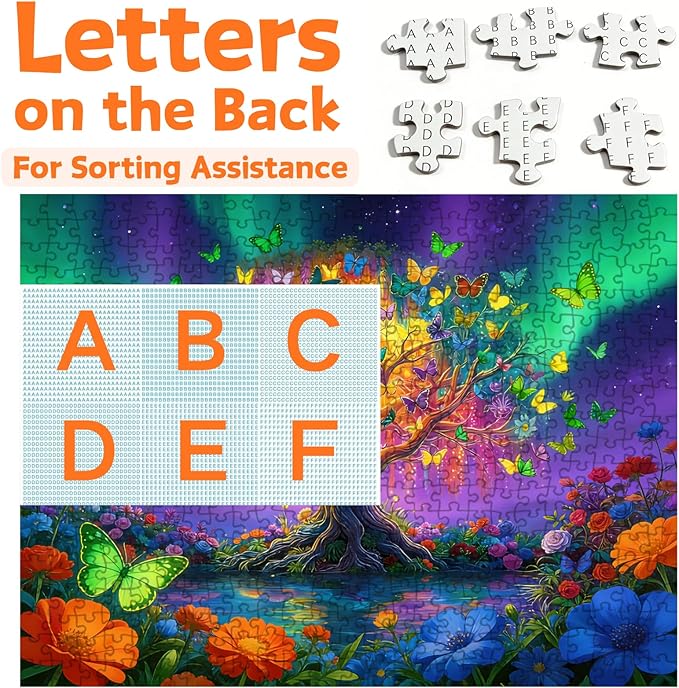 Tree of Life Puzzles for Adults 500 Pieces, Colorful Butterfly Aurora Tree Jigsaw Puzzle with Letters on Back, 21x15 Inch for Family Game Night, Puzzle Gift for Puzzle Lovers