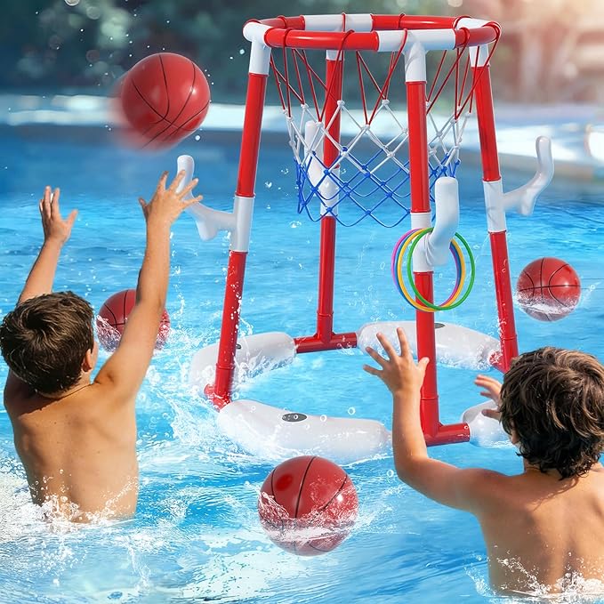 Pool Basketball Hoop for Kids 4-8 & 8-12 Years Old - 2-in-1 Floating & Above Ground Water Game with 4 Balls, 12 Rings & Pump, Outdoor Play Swimming Pool Toy for Adult Summer Party