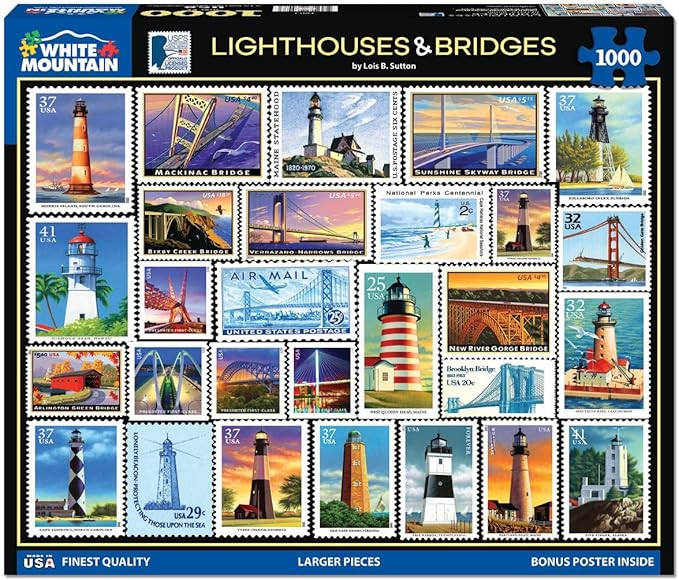 White Mountain 1000 Piece Jigsaw Puzzle Coastal Scenic Landmark Collage Puzzles with Large Pieces for Adults and Family 24"x30" - Lighthouses & Bridges