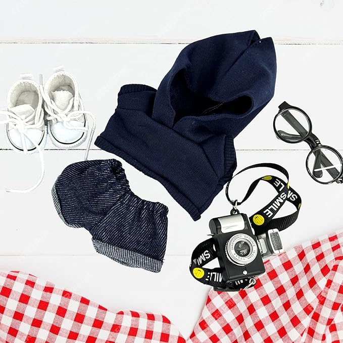 Clothes Compatible with LABUBU Doll(No Doll), 5-Piece Outfits Accessories Set with Hoodies+Jeans+Small Camera+Glasses+Canvas Shoes for 15/17cm Doll