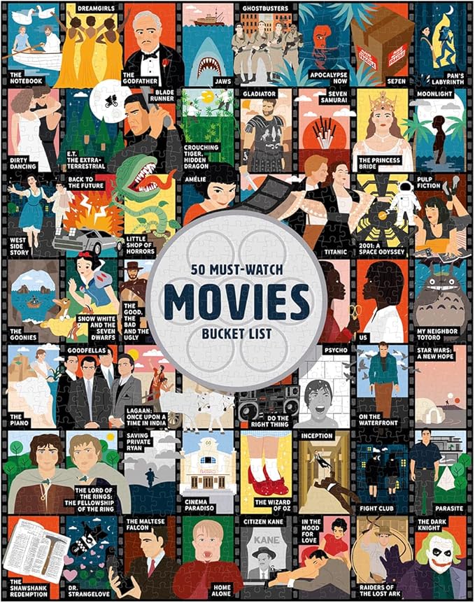 Ridley's: 50 Must-Watch Movies Bucket List 1000-Piece Puzzle - Movie Lovers Gift - Unique Art Style - Movie Room Décor