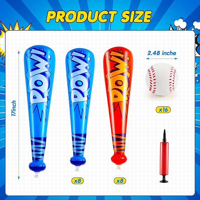 Seematn 16 Sets Inflatable Baseball Bats and Baseballs Set Includes 17 Inch Pow Inflatable Baseball Bats and 2.5 Inch Mini Foam Baseballs for Sports Party Favor Carnival Birthday (Red,Blue)
