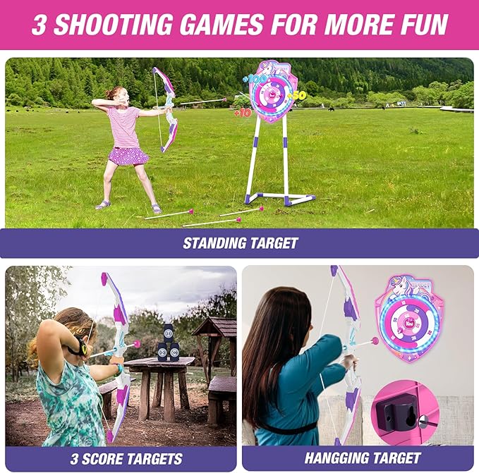 2 Pack Bow and Arrow for Kids, LED Light Up Unicorn Archery Set with 24 Suction Cup Arrows, 1 Standing Glow Target, 6 Score Targets & 2 Quivers, Indoor Outdoor Sport Toys for Girls Ages 4-12