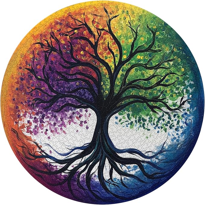 Tree of Life Puzzles 1000 Pieces for Adults, Colorful Rainbow Tree Jigsaw Puzzles, Challenging Round Plant Puzzle as Home Decor
