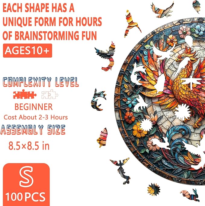 Wooden Puzzles for Adults - Stained Glass Phoenix Wooden Puzzle, Unique Shape Wood Jigsaw Puzzle for Adults, Wood Puzzles Adult, Gifts for Family, Wall Art Home Decor (100pcs 8.5 * 8.5in S)
