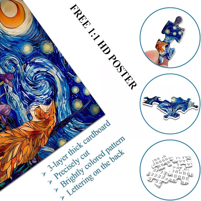 PICKFORU Stained Glass Puzzles: 1000 Pieces, Adults' Cat Lovers' Jigsaw Puzzle - Purple Iris Flowers, Starry Night, Moonlit Cat Flower