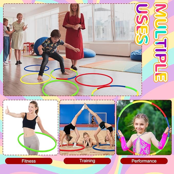 Sratte 12 Pcs Toy Hoop for Kid Detachable Adjustable Toy Hoop Colored Hoop Exercise Ring Plastic Circle for Kid Teen Gymnastics Dog Agility Equipment, Require Self Assembly(Classic Color, 32 Inch)