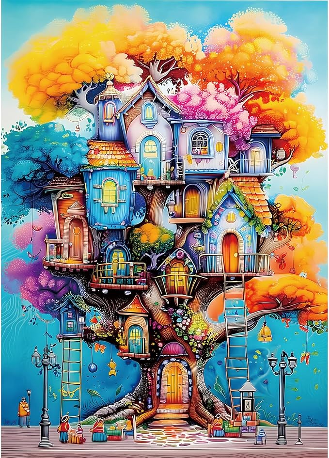 Blueforest 1000 Piece Puzzle for Adults - Whimsical Colorful Tree House Fantasy Art Jigsaw Puzzle, 27.5x19.7 Inches Premium Quality for Game Nights Relaxation & Home Decor