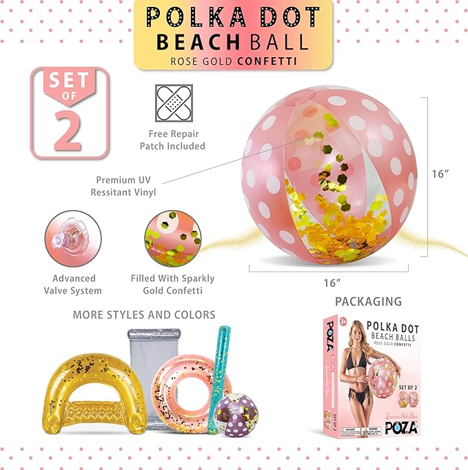 POZA Inflatable Beach Balls - Elegant Glitter Confetti Premium Floaters, Heavy Duty Vinyl Floatation Pool Toys for Pool Beach Party, UV Resistant Pool Décor