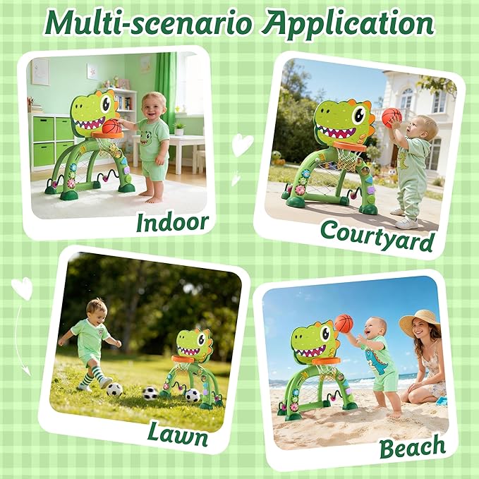 Dinosaur Toddler Basketball Hoop & Soccer Goal Montessori Toys for Baby 12-18 Months,Twinkoo 1, 2, 3+ Year Old Gift Toys for 1 Year Old Boy and Girl(Green)