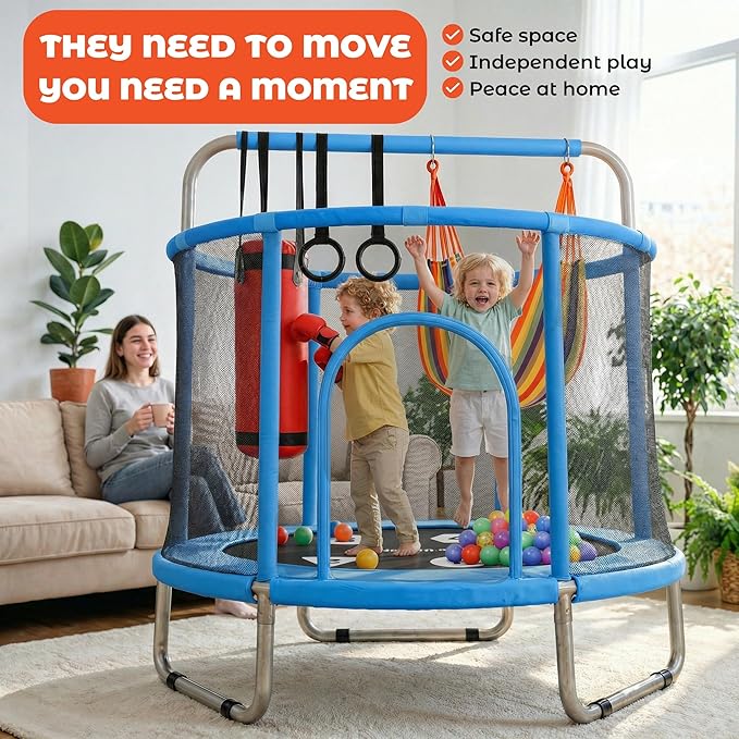 Happin® 55’’ Trampoline for Kids with Safety Enclosure, Indoor & Outdoor Toddler Trampoline, Ultra Safe Design with Multi Activity Accessories, Perfect Toddler Gift for Boys & Girls Ages 1–8